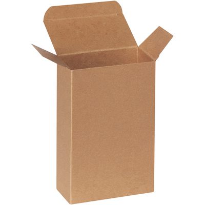 RTD7.jpg A tall, plain cardboard box with open top flaps stands against a white background. Its a 4 5/8 x 2 3/8 x 7 5/16 Kraft Reverse Tuck Folding Carton (250 per case), showcasing its brown corrugated texture while appearing empty.