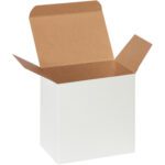 An empty MH-USA 6 x 4 x 6 white reverse tuck folding carton with a brown interior is shown, angled to display both interior and exterior surfaces.