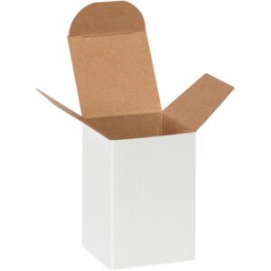 The MH-USA 2 x 2 x 3 White Reverse Tuck Folding Cartons (1000/Case) feature a simple design with a crisp white exterior and brown interior flaps, presented upright against a white background.