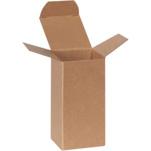 A 2 x 2 x 4 Kraft Reverse Tuck Folding Carton with open flaps stands against a white backdrop, ideal for versatile storage.