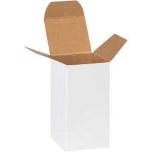 A tall, rectangular white cardboard box resembles the MH-USA 2 x 2 x 4 White Reverse Tuck Folding Carton (1000/Case), with an open top showing partially folded flaps that reveal its brown interior against a plain white background.