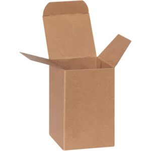 A tall, open 2 1/2 x 2 1/2 x 4 Kraft Reverse Tuck Folding Carton stands upright against a white background. Made from brown corrugated material, this carton appears empty yet promises robust versatility. (500/Case).