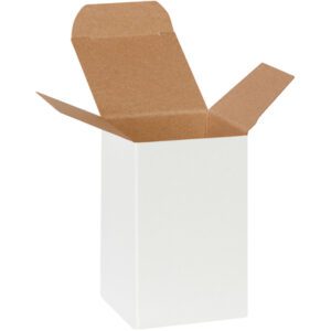 An open MH-USA 2 1/2 x 2 1/2 x 4 White Reverse Tuck Folding Carton, from a set of 500 per case, stands upright with its brown interior flaps unfolded. It is displayed against a plain white background, ideal for efficient packaging solutions.