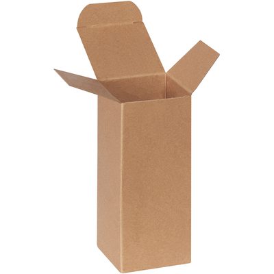 RTS19.jpg The 2 1/2 x 2 1/2 x 6 Kraft Reverse Tuck Folding Carton, sold in cases of 250, stands upright and empty, showcasing its classic brown texture typical of packaging materials.