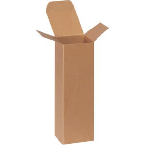 A tall, open brown cardboard box with outward flaps, similar to the 2 1/2 x 2 1/2 x 8 Kraft Reverse Tuck Folding Cartons (250/Case), stands vertically against a white background, highlighting its robust design and functional simplicity.