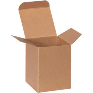 A brown cardboard box, 3 x 3 x 4, with an open top and outward flaps, like the Kraft Reverse Tuck Folding Cartons (250/Case), is positioned against a plain white background.