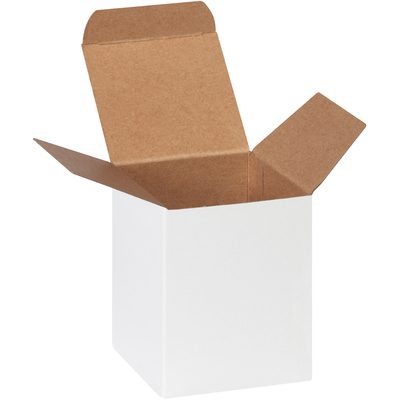 RTS21W.jpg A small MH-USA 3 x 3 x 4 white reverse tuck folding carton with brown interior flaps is displayed on a white background. Two flaps are upright and two angled out, ideal for versatile packaging solutions.