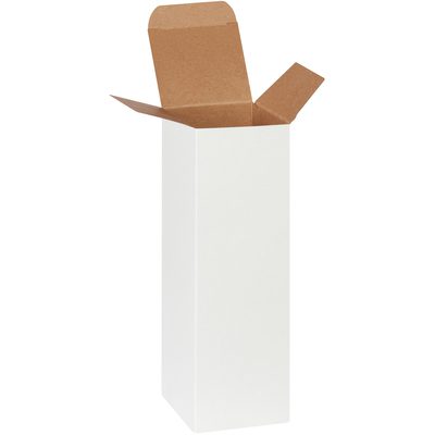 RTS24W.jpg The MH-USA 3 x 3 x 10 White Reverse Tuck Folding Carton, a tall rectangular box with open flaps, reveals a contrasting brown interior to its plain exterior, adding sleek sophistication and functionality to any packaging lineup.