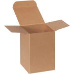 A 4 x 4 x 6 Kraft Reverse Tuck Folding Carton, with its four open flaps, reveals an empty interior. The plain light brown cardboard suits versatile use and is available in a convenient pack of 250 per case.