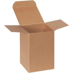 A 4 x 4 x 6 Kraft Reverse Tuck Folding Carton, with its four open flaps, reveals an empty interior. The plain light brown cardboard suits versatile use and is available in a convenient pack of 250 per case.