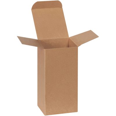 RTS27.jpg An open, tall rectangular brown box stands upright against a plain white backdrop. This product is the 4 x 4 x 8 Kraft Reverse Tuck Folding Carton (250/Case), renowned for its versatility and durability, ideal for diverse packaging needs.