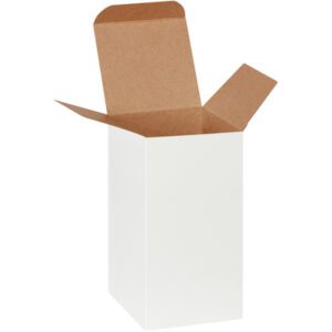 An MH-USA 4 x 4 x 8 White Reverse Tuck Folding Carton, with a brown interior and open flaps, is part of a versatile set of 250. Ideal for organized storage or shipping, this sleek rectangular box stands against a plain white backdrop.