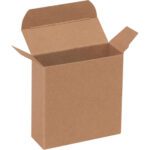 An upright, plain brown cardboard box with extended flaps on a white background resembles the 3 1/2 x 1 1/4 x 3 1/2 Kraft Reverse Tuck Folding Cartons.