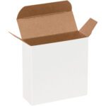 The MH-USA 3 1/2 x 1 1/4 x 3 1/2 white reverse tuck folding carton stands upright, partially unfolded, showing spacious brown interior flaps.