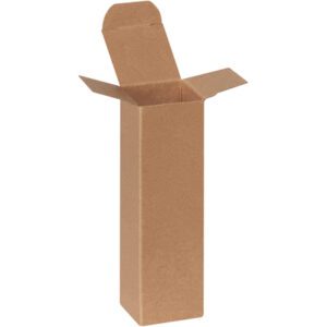 An upright, tall, rectangular corrugated cardboard box with open top flaps resembles a 1 3/4 x 1 3/4 x 6 Kraft Reverse Tuck Folding Carton from the case of 500.