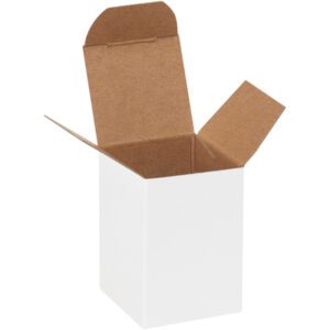 A white MH-USA 1 1/2 x 1 1/2 x 2 1/4 reverse tuck folding carton stands upright with partially folded flaps, revealing its brown interior against a plain white background.