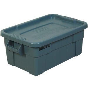A sturdy 28 x 18 x 11 gray Brute® tote with a fitted lid and built-in handles for easy carrying.