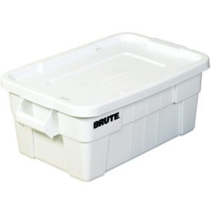 The 28 x 18 x 11 White Brute® Totes with Lid provide practical storage with sturdy side handles and a sleek white design, featuring BRUTE in bold black on the side.