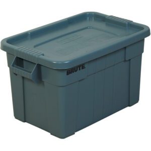 The 28 x 18 x 15 Gray Brute® Totes with Lid boast a rugged, industrial design for heavy-duty storage. Equipped with side handles and a secure lid, these large plastic bins are versatile and feature the prominent BRUTE branding.