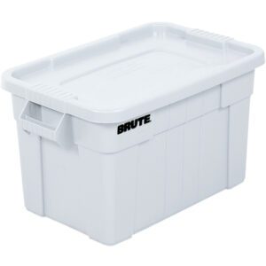 A white rectangular storage bin, 28 x 18 x 15, features a lid and sturdy side handles. Brute is printed prominently in black on the front, akin to the White Brute® Totes with Lid known for their durability.