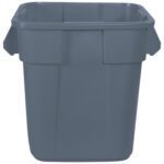 The Rubbermaid® Brute® Square Trash Can - 28 Gallon, Gray is a rectangular plastic bin with a wide opening and reinforced side handles, offering a smooth, durable surface ideal for everyday use.