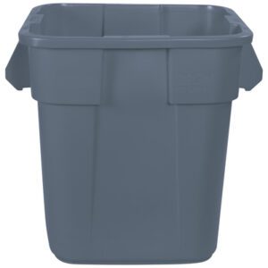 The Rubbermaid® Brute® Square Trash Can - 28 Gallon, Gray is a rectangular plastic bin with a wide opening and reinforced side handles, offering a smooth, durable surface ideal for everyday use.
