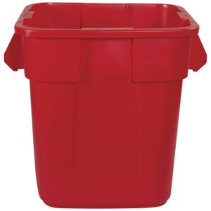The Rubbermaid® Brute® Square Trash Can - 28 Gallon, Red is a rectangular plastic bin with a smooth finish, reinforced edges, and two side handles for easy portability, perfect for efficient waste management.