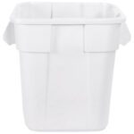 The Rubbermaid® Brute® Square Trash Can - 28 Gallon, White, is a rectangular, utilitarian bin with slightly tapered sides and two small handles on top edges, ideal for efficient waste management in any space.