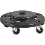 The Rubbermaid® Brute® Dolly is a black, round platform with four swivel caster wheels designed to transport heavy items. It has cut-out handles for easy maneuvering, providing convenience and reliability for moving tasks.