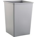 A plain, gray Rubbermaid® Hands-Free Trash Can - 35 Gallon with a rectangular shape and no lid stands upright against a white background.