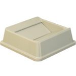 The Rubbermaid® Hands-Free Trash Can Lid - 35 Gallon, Beige, features a square lid with a swing flap and slight incline for efficient waste disposal, making it ideal for various settings.