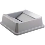A gray, square Rubbermaid® Hands-Free Trash Can Lid with a central swinging flap fits snugly on a 35-gallon matching trash bin.