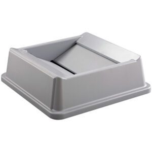 A gray, square Rubbermaid® Hands-Free Trash Can Lid with a central swinging flap fits snugly on a 35-gallon matching trash bin.