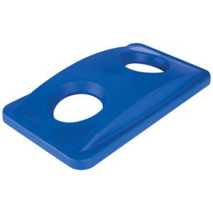 The Rubbermaid® Slim Jim® Recycling Bottle and Can Lid - 23 Gallon, Blue, has a rectangular design with two circular openings centered for bottle and can sorting. Its slightly curved surface ensures durability.