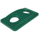 The Rubbermaid® Slim Jim® Bottle and Can Recycling Lid - 23 Gallon, Green, has a sloped design and two circular openings for convenient and efficient recycling of bottles and cans.