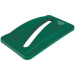 The Rubbermaid® Slim Jim® Paper Recycling Lid - 23 Gallon, Green, has a triangular center opening for recyclables and is displayed from a slightly angled side view against a white background.