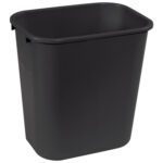 The Rubbermaid® Office Trash Can - 7 Gallon, Black, features a black, rectangular design with slightly tapered curves, standing upright on a plain white background.