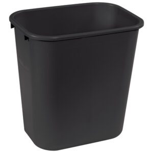 The Rubbermaid® Office Trash Can - 7 Gallon, Black, features a black, rectangular design with slightly tapered curves, standing upright on a plain white background.
