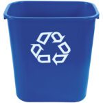 The blue Rubbermaid® Office Recycling Container, 7 Gallon, features a white recycling symbol and a square shape with rounded corners, ideal for any office setting.