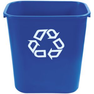 The blue Rubbermaid® Office Recycling Container, 7 Gallon, features a white recycling symbol and a square shape with rounded corners, ideal for any office setting.