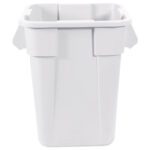 The Rubbermaid Brute Square Trash Can - 40 Gallon, White - 1 EACH has a plain, rectangular shape with a tapered design, wide rim, and dual side handles. Its smooth white surface offers a sleek touch to any space.