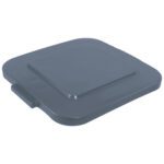 The Rubbermaid® Brute® Square Trash Can Flat Lid in gray features slightly raised edges, a small handle, and ensures a secure seal atop the 40-gallon container.