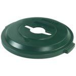 The Rubbermaid® Brute® Recycling Container Lid - 32 Gallon, Green features an oval opening, BRUTE embossing, and textured handles for easy lifting, enhancing your recycling experience.