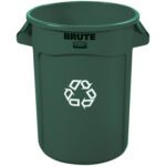 The Rubbermaid® Brute® Recycling Container, 32 Gallon, Green, features side handles, a white recycling symbol on the front, and BRUTE prominently printed above the symbol.