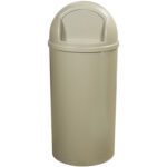 The 25-gallon Rubbermaid® Marshal® Domed Trash Can, Beige, features a round design with a dome lid and swing door, perfect for indoor and outdoor use.