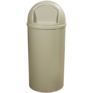 The 25-gallon Rubbermaid® Marshal® Domed Trash Can, Beige, features a round design with a dome lid and swing door, perfect for indoor and outdoor use.