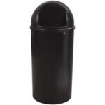 The Rubbermaid® Marshal® Domed Trash Can - 25 Gallon in black features a sleek cylindrical design with a shiny finish. Ideal for indoor use, its functional domed open-top lid adds a stylish touch, making it perfect for modern spaces.