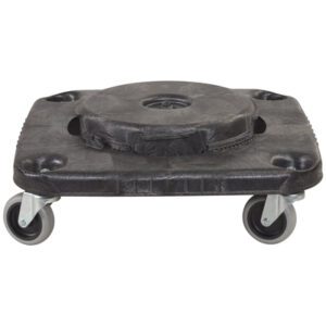 The Brute® Square Dolly is a black, heavy-duty platform with swivel casters, designed for easy transport of bulky items. Its square base has circular openings and a textured surface for stability.