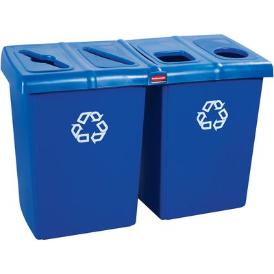 RUB149.jpg The 92-gallon Rubbermaid® Recycling Station includes a blue bin system with two compartments, distinct white recycling symbols, and varied openings on top for easy sorting, improving waste management efficiency.