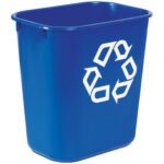 The Rubbermaid® Office Recycling Container - 3 Gallon, Blue has a sleek design with a prominent white recycling symbol on its side.